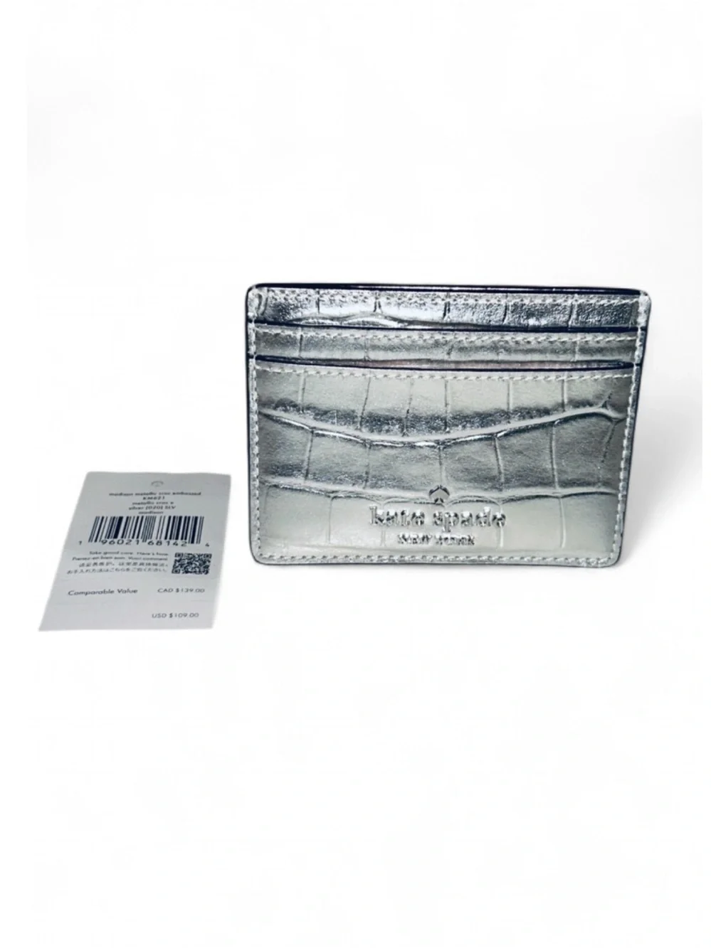 Kate Spade Madison Croc Embossed Slim Card Holder Silver NWT